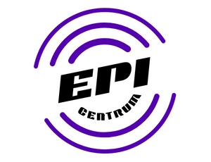 Logo Koła Naukowego Epicentrum. Na środku drukowany napis "EPI". Pod nim napis "CENTRUM" wpisany na okręgu. Od EPI - CENTRUM odchodzą filetowe okręgi. 